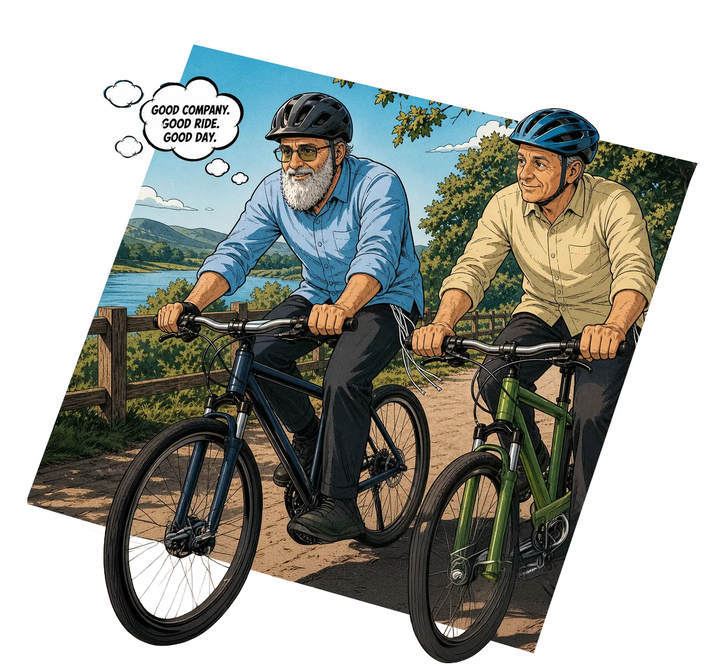 Comic illustration of two riders side by side along a riverside trail