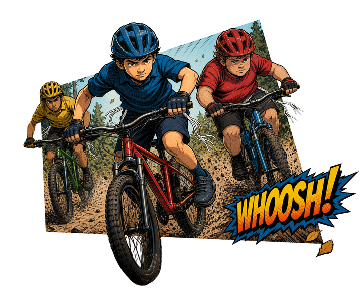 Comic illustration of young riders racing mountain bikes down a forest trail