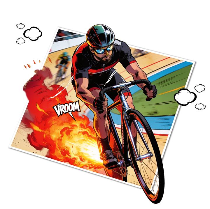 Comic-book cyclist blazing around the track in a photo panel