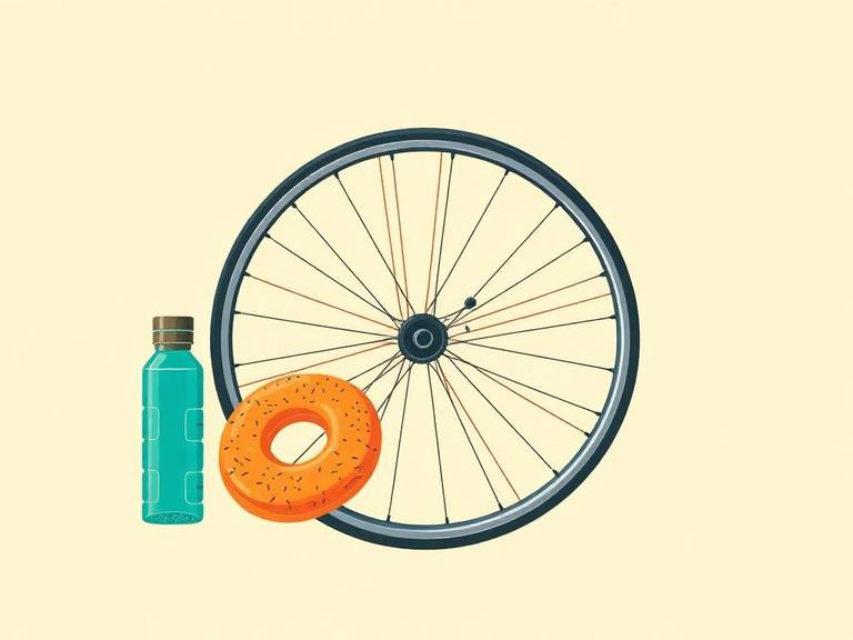 Illustration of a bike wheel, water bottle, and bagel