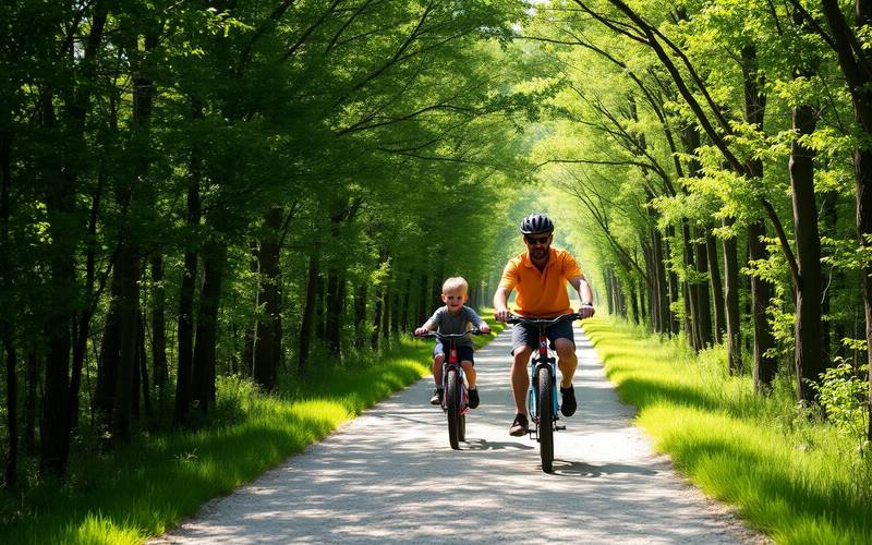 A family riding a shaded stretch of the Katy Trail together