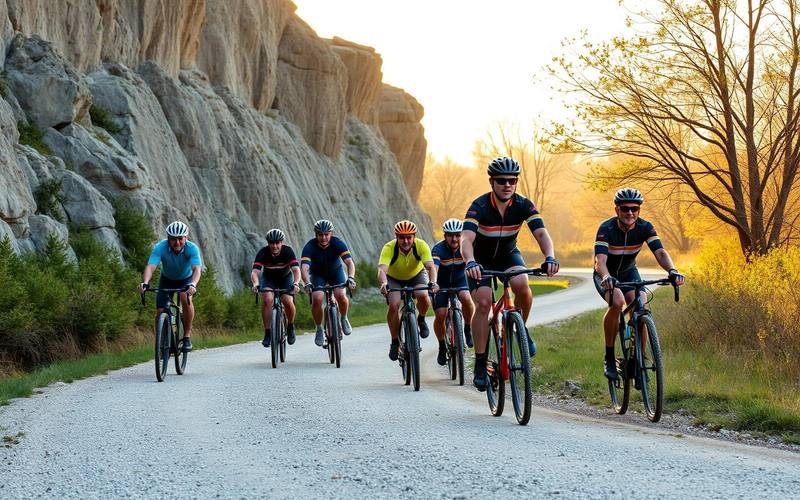 Group of riders passing limestone bluffs on the Katy Trail