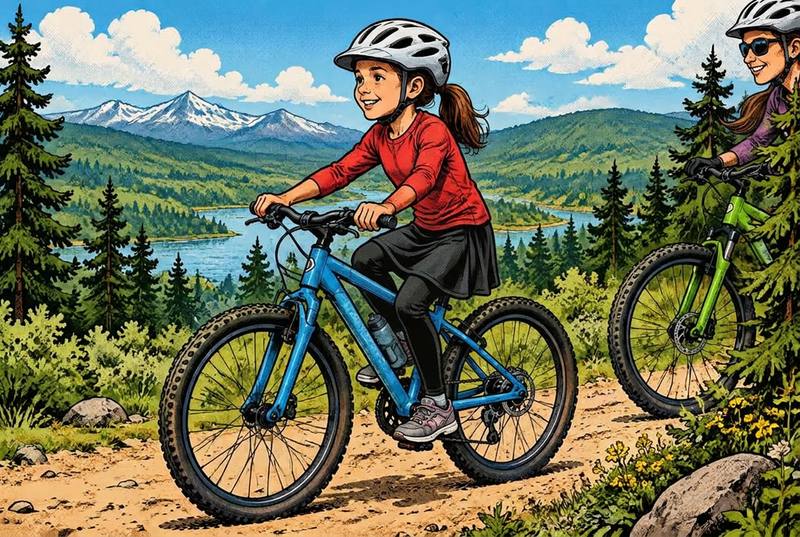 A young rider on the trail with her mom riding behind her